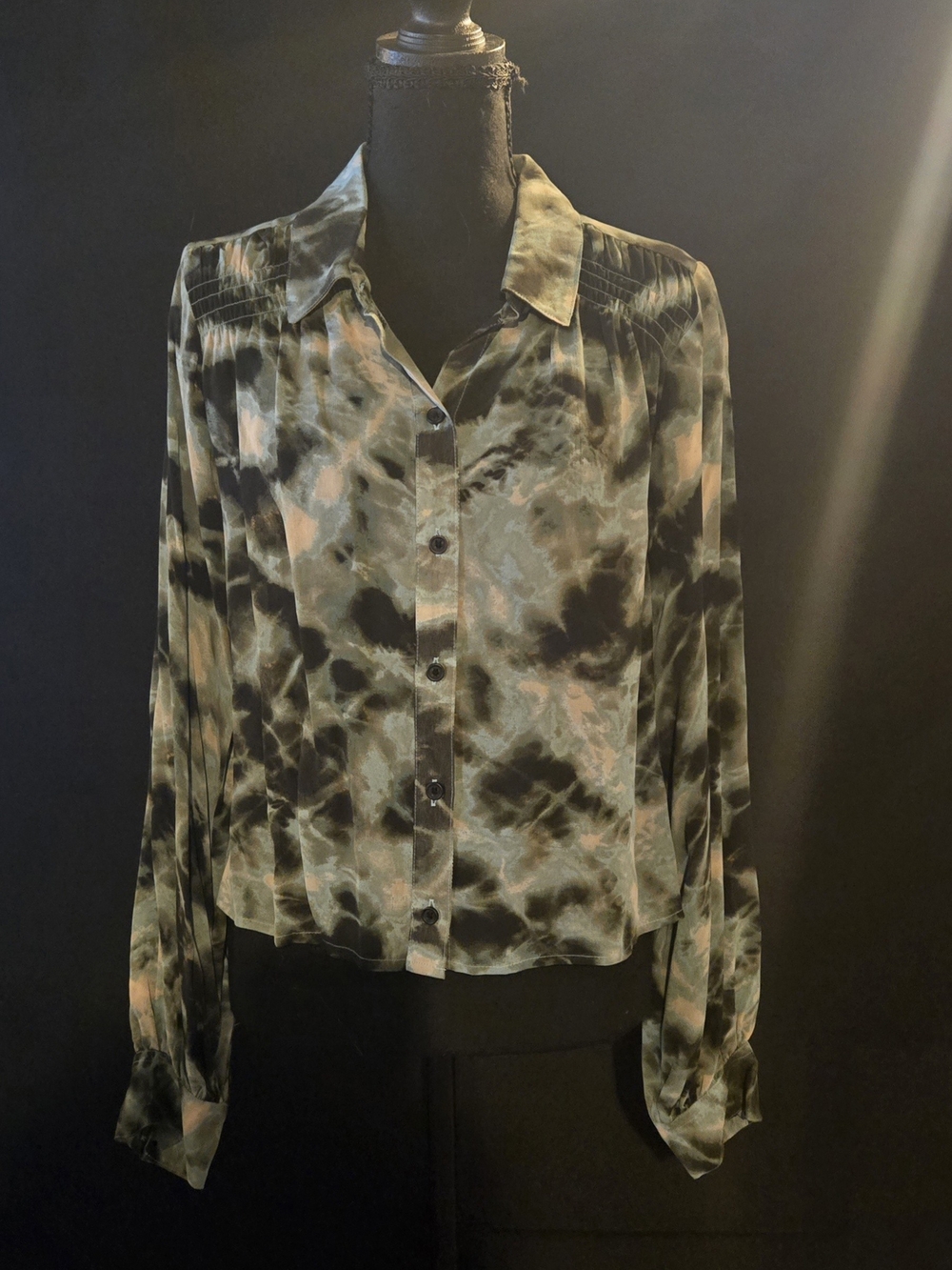 Sanctuary Olive, Black and Aqua Blue Tie-Dye Button Front Blouse